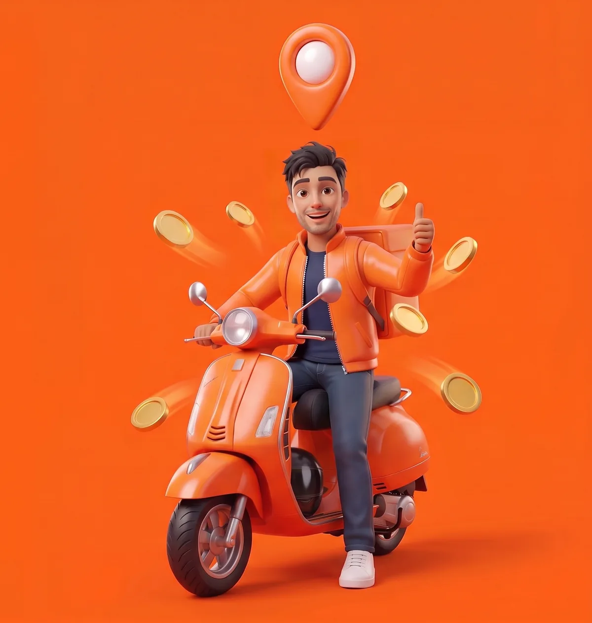 Motoboy da Tastti na moto, fazendo joinha, com moedas voando