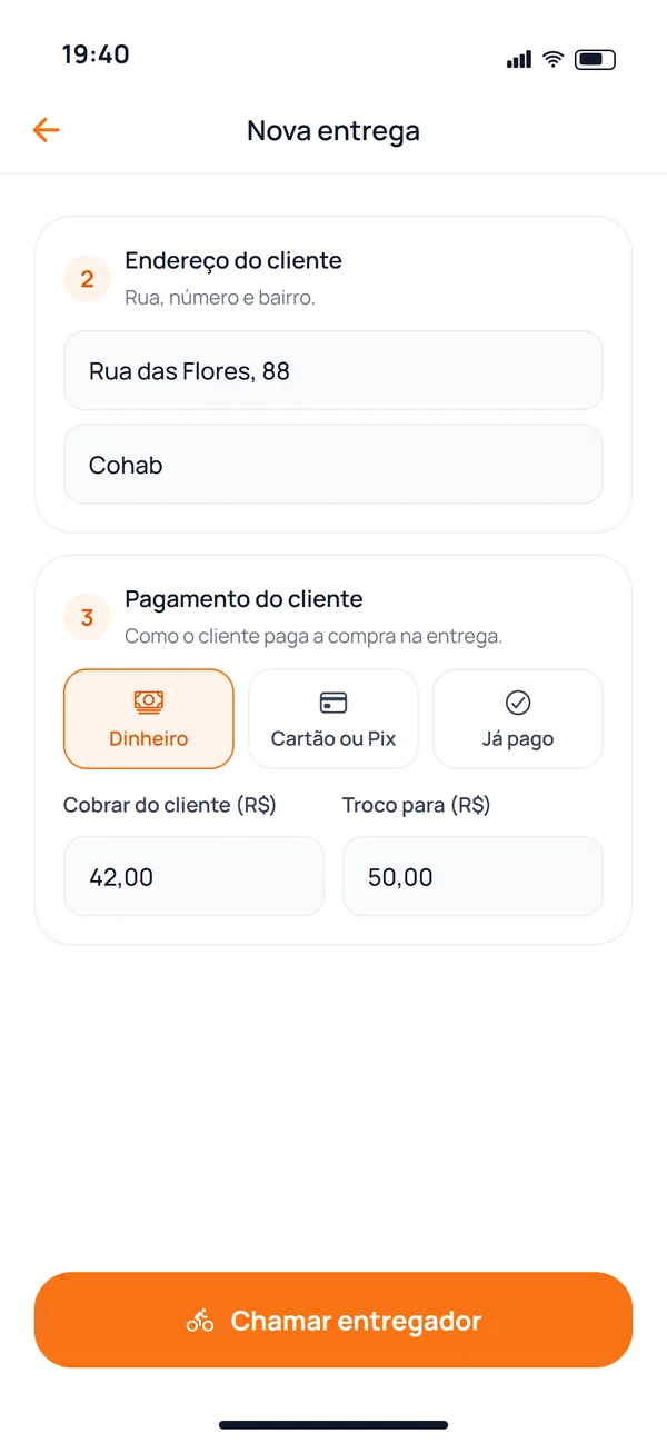 Tela Nova entrega, com endereço do cliente e forma de pagamento