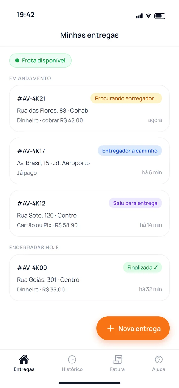 Tela Minhas entregas, com o status de cada entrega da loja